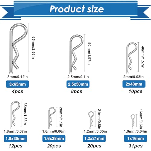 Image of 105Pcs Cotter Pin Assortment Kit - 304 Stainless Steel 7 Sizes R Clips Cotter Pins for Automotive, Trailer, Hitch Pin Lock System