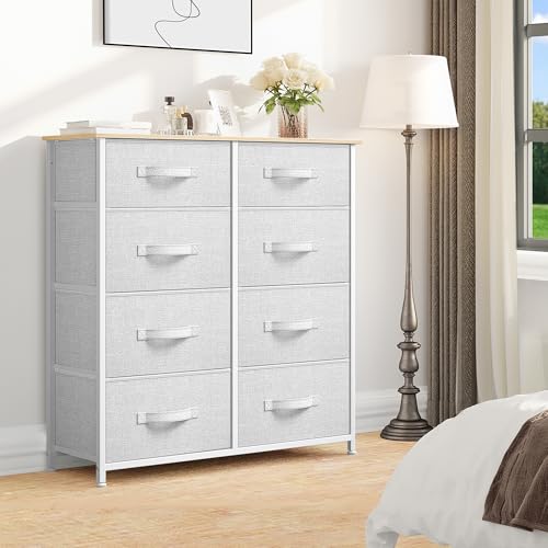 DWVO Fabric Dresser for Bedroom, Tall Dresser with 8 Drawers, Storage Tower with Fabric Bins, Chest of Drawers for Closet & Living Room - Sturdy Steel Frame, Wooden Top