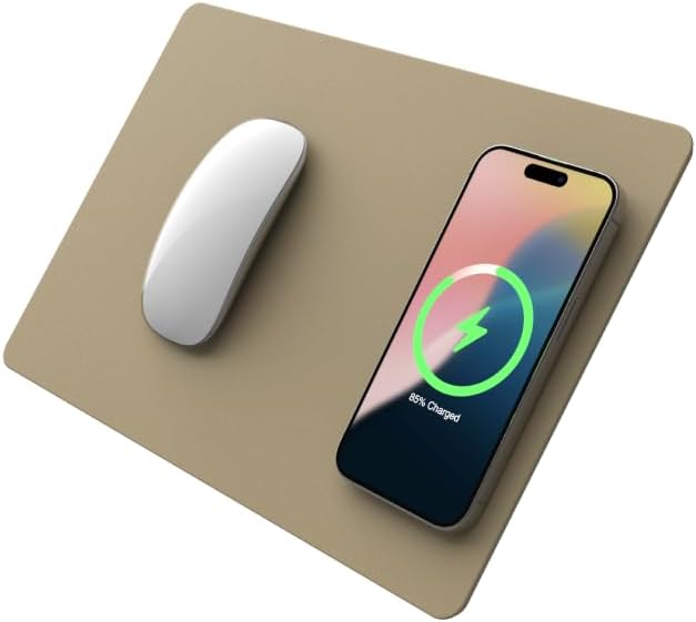 POUT H3 Wireless Charging Mouse Pad – Qi-Enabled Fast Charger Built into Sleek Desk Mat, Compatible with Phones, Earbuds & More(Latte Cream)