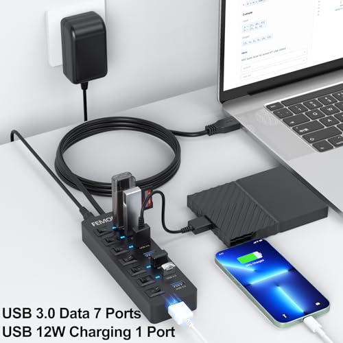 Image of Powered USB Hub 3.0, 5Gbps Data Transfer 7 Ports and 12W Charging-only 1 Port with 5V /3A Power Adapter 4Ft Long Cable & Individual Switches for Laptop PC Flash Drive External SSD HDD Keyboard Mouse