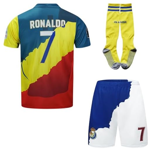 YOHA Ronaldo Madrid Manchester Al NASSR #7 Maillot de Football et Short pour Enfants Set Cadeau Tailles Jeunesse (Mélanger,24)