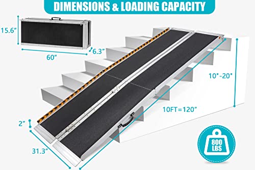10Ft Kolo Foldable Wheelchair Ramp, 120" L X 31.3" W, 800 Lbs Capacity, Non-Skid Handicap Portable Ramps For Steps, Lightweight With Handle, For Wheelchairs Scooters To Home Steps Stairs Doorways #TOP2