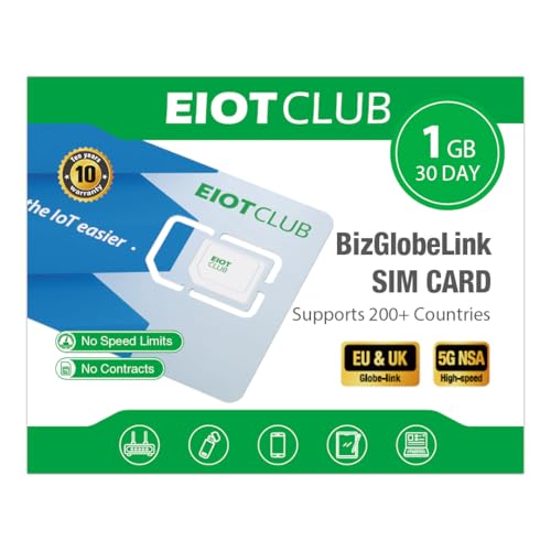 EIOTCLUB International Data SIM Card for 200 Countries, 1GB/30Day Prepaid Travel SIM Card, 5G/4G LTE Cellular for Phone Tablet WiFi Hotspots Router, No Contract or Roaming Charges, No Calls or SMS
