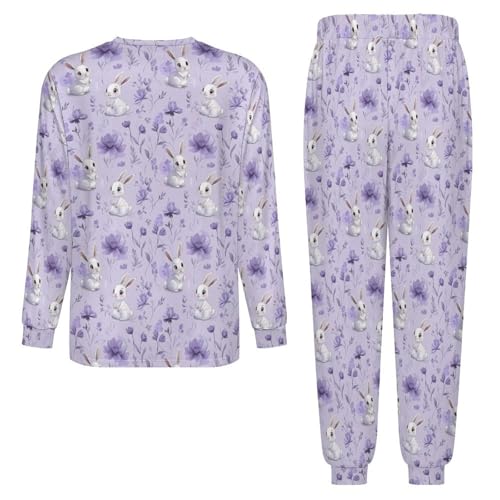 Cute Bunny Rabbit Floral Men’s Pajama Set Long Sleeve Top And Pants Loungewear Sleepwear Pjs Nightwear4