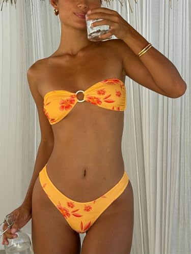 Alyweatry Women Floral Bandeau Bikini Set O Ring Strapless Tie Back Bikini Top High Cut Cheeky Thong Bathing Suit3