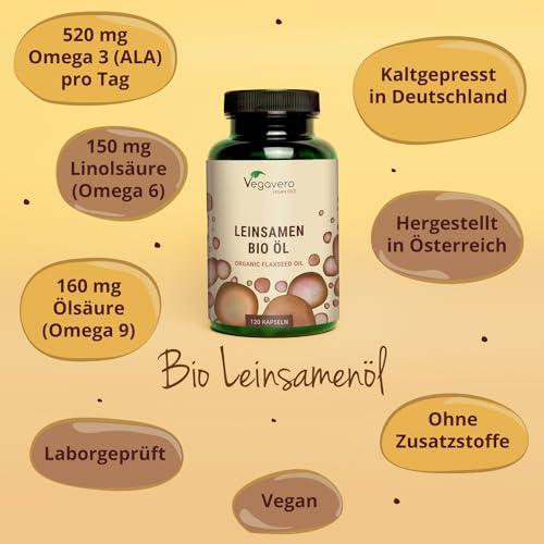 Leinöl-Kapseln Vegavero Bio mit Omega 3, 6 und 9