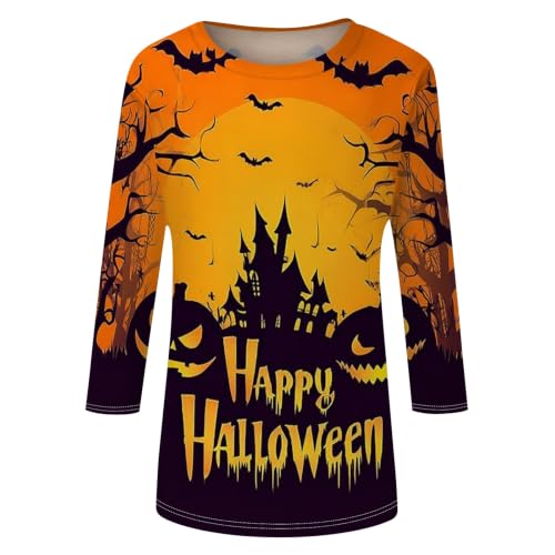 Image of Women Spooky Halloween Graphic Shirt 3 /4 Length Sleeve Crewneck Top | Halloween Funny Printed Pumpkin Plus Size Tshirts 2026 Fall Outfits Skeleton Tee Going Out Tops