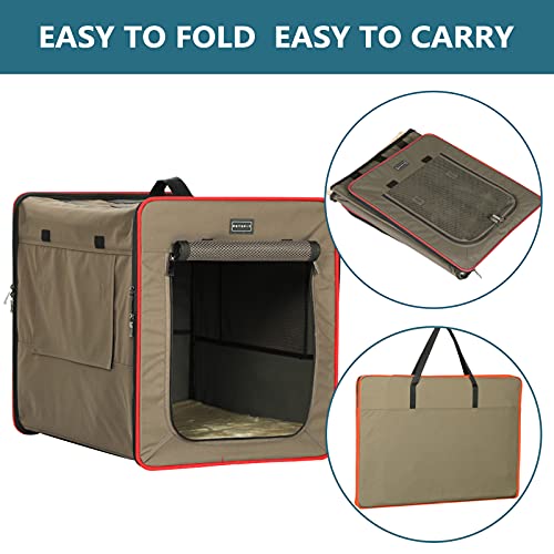 Petsfit Hundebox faltbar, mit 3 cm dicken Plüschmatte, tragbare Transportbox Hund Hundetransportbox für große Hunde, geeignet für den Innen und Außenbereich,Braun,L 79x53.5x66cm