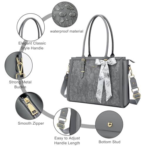 MOSISO Embossed Retro Hibiscus PU Leather Portfolio Protective Stand Cover&Laptop Tote Bag for Women, 17-17.3 inch PU Leather Embossed Retro Hibiscus Computer Bag with Silk Scarf & Clutch Purse, Gray3