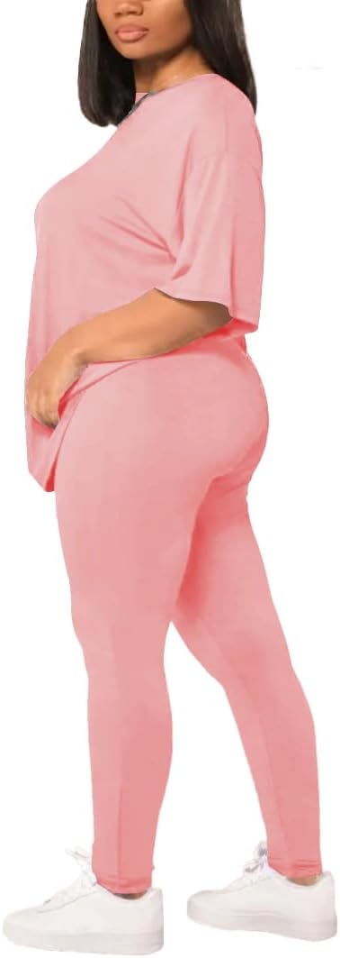 Women's Plus Size 2 Piece Outfits Summer Sweatsuits Drop Shoulder Tracksuits Biker Short Workout Jogger Sets Pink-2XL - Image 4