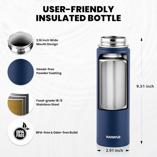 Image of RAYMYLO Insulated Water Bottle 20 oz, Triple Wall Vacuum Stainless Steel (Cold for 24Hrs, Hot for 12Hrs), Leak Proof & Non-BPA, Modern Water Bottle Jug for School with Straw Spout Lids