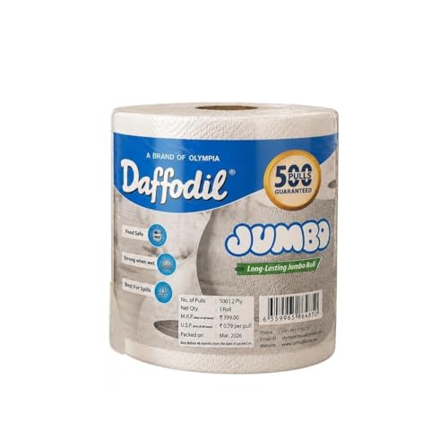Image of DAFFODIL 2 Ply Jumbo Kitchen Towels - 500 Pulls Pack of 1 Roll | Ultra-Absorbent Kitchen Towel Roll | Long Lasting Paper Towel for Kitchen Cleaning, Oil Absorption & Household Use