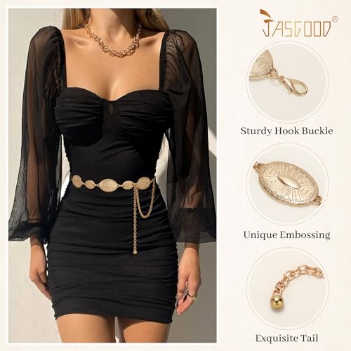 JASGOOD Women Western Metal Chain Belt Concho Belt Cowgirl Waist Link for Jeans Dresses Concert Boho3