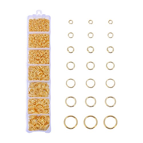 HooAMI 1450pcs Gold Plated Open Jump Rings 3mm 4mm 5mm 6mm 7mm 8mm 10mm Box Set for DIY Jewelry Making Findings
