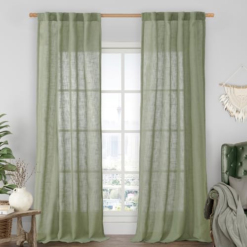 LAMIT Sage Green Linen Boho Curtains 84 inch Length 2 Panels, Light Filtering Semi Sheer Panels Back Tab and Rod Pocket Neutral Panels for Bedroom/Living Room, 34 x 84 Inch