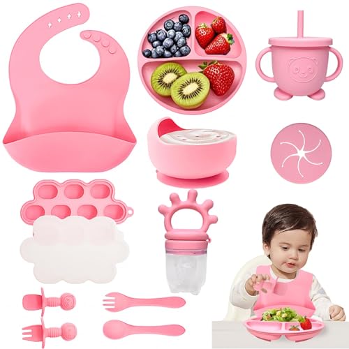 Opiniones de Venta de vajillas los mejores 5. 44 Platos para Bebé, 12Piezas Set de Vajillas Silicona de Alimentación Complementaria con Ventosas, Baberos Ajustable, Taza Aprendizaje, Sin BPA, Fácil de Limpiar, Regalo para...