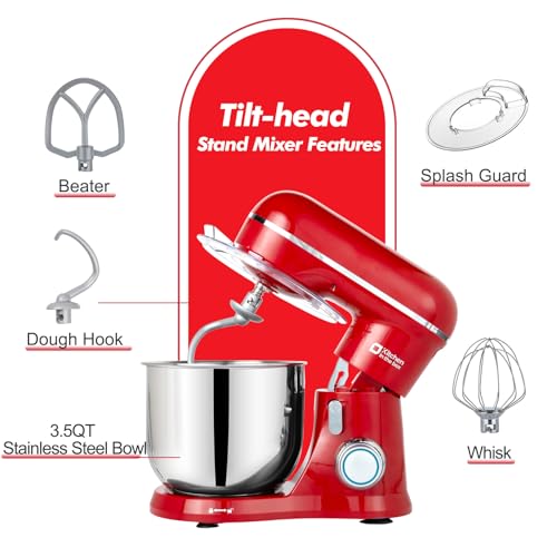 Image of Kitchen in the Box Stand Mixer, 3.5 QT Small Kitchen Electric Stand Mixers, 10-Speed Portable Lightweight Dough Mixer for Daily Use with Egg Whisk, Dough Hook, Beater (Red)