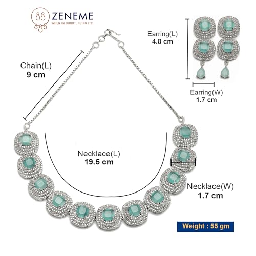 Image of ZENEME Rhodium Plated Silver Toned Triangular Shaped American Diamond Studded Jewellery Set For Women and Girl