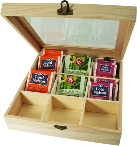 Incutex Caja para Té de Madera, Organizador de Tepas, Contenedor con 9 Compartimentos y Tapa Transparente para Almacenar Tepas Individuales, Marrón Claro