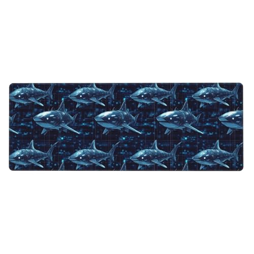 Tapis de souris de jeu grand format cyber requin bleu avec base caoutchouc et bords cousus pour PC