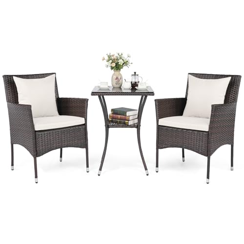 COSTWAY Conjunto Mesa y Sillas Jardin, Mesa y Sillas Terraza Exterior de 3 Piezas,Mesita de Cristal Templado de 2 Nivel,Muebles de Conversación para Exteriores con Cojines para Porche Piscina