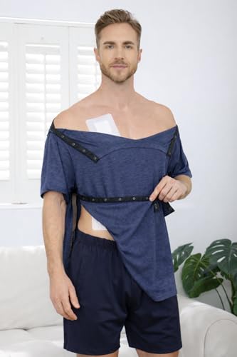 Image of Post Shoulder Surgery Shirts for Men Tear Away Recovery Short Sleeve Full Open Side Snap Chemo Adaptive Shirt