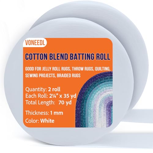 VONEEDL Jelly Roll Batting Strip 2 1/4 Inch x 70 Yards Cotton Blend Batting Roll for Jelly Roll Rugs Throw Rugs Quilting Sewing Projects Braided Rugs 2 Rolls 1mm Thick
