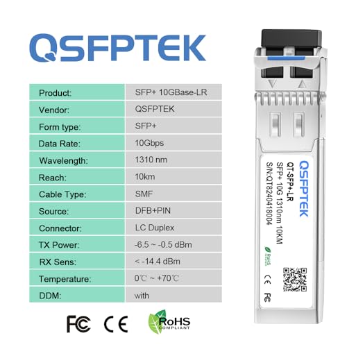 Image of QSFPTEK 2Pack 10GBASE-LR SFP+ Module, 10Gbe 1310nm, 10km, DDM LC 10G SingleMode Fiber Mini-GBIC Network Transceiver for Cisco SFP-10G-LR, Ubiquiti UF-SM-10G, Mikrotik, Netgear, Qnap NAS, D-Link