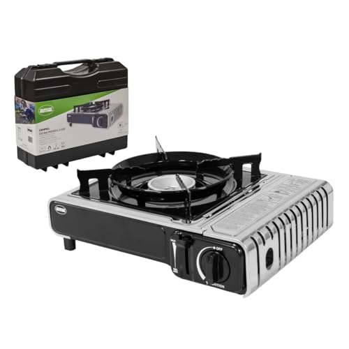 Amig - Hornillo Camping Gas - Cocina Portátil Camp01 - 2,2 kW Potencia - Parabrisas y Soporte Sartén - Certificación CE - Compatible Botellas CP 250 - Excursiones y Camping - Acero Inoxidable