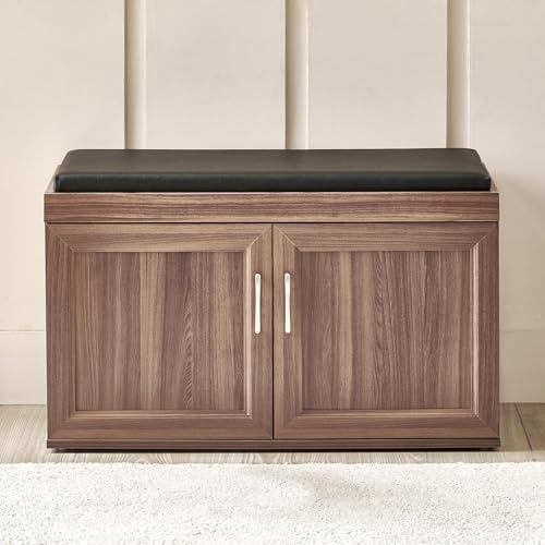 Image of Home Centre | Helios Alton Shoe Cabinet | 12 Pairs, Cushioned Seat | Engineered Wood | Walnut | 1 Year Warranty