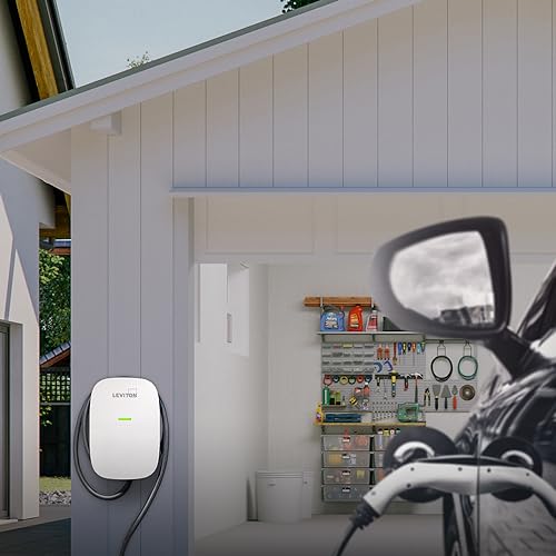 Image of Leviton Level 2 EV Charger, 32 Amp, 208 /240 VAC, 7.6 kW Output, 18' Charging Cable, Indoor /Outdoor Hardwired EV Charging Station, EV320 EVSE, White-Black