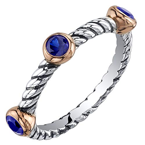 Peora Created Blue Sapphire 3-Stone Stackable Ring in Sterling Silver, Cable Rope Band for Women 2.1mm Sizes 8