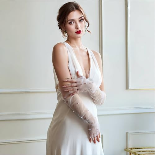 Long Wedding Tulle Gloves - White Pearl Bridal Elbow Length Summer Fingerless Gloves for Women and Girls2