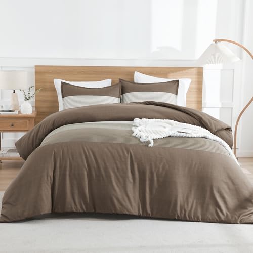 Litanika Comforter Set Full Size Coffee - 3 Pieces Lightweight Colorblock Stripe Fluffy Bedding Comforter Sets, All Season Bed Set