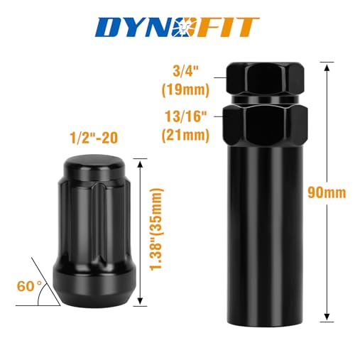 Dynofit 1/2x20 Wheel Lug Nuts, 23 x Black 1/2'-20 Lug nut, 60 Degree Conical/Cone Bulge Seat, Closed End 6 Spline Nut 1.38" Tall 3/4" Hex with 2 Keys Fits Dodge Jeep Ford Lincoln, Pack of 23 Pcs