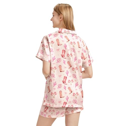 Image of Silk Satin Pajama Set for Women Summer Lounge Pjs Sets 2 Piece Suit Ladies Button Down Tops And Shorts Sleepwear