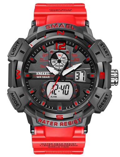 Montre sport analogique et numérique homme avec grand cadran rouge étanche