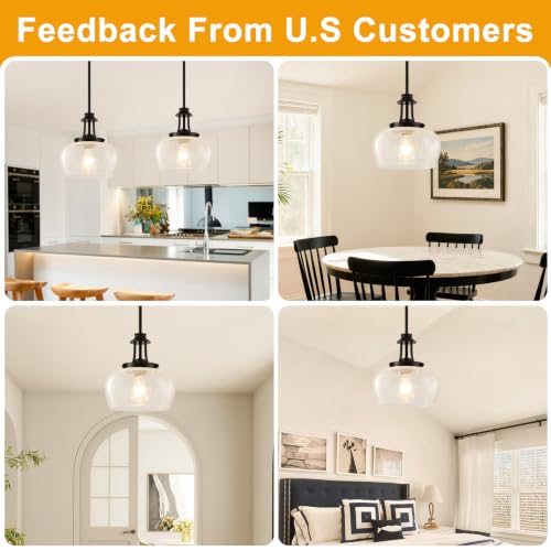 Image of Modern Pendant Lights Kitchen Island, Matte Black Pendant Light Fixtures with 10 inch Hand Blown Crack Glass Shade, Industrial Hanging Pendant Lights Fixture for Kitchen Island Dining Room Entryway