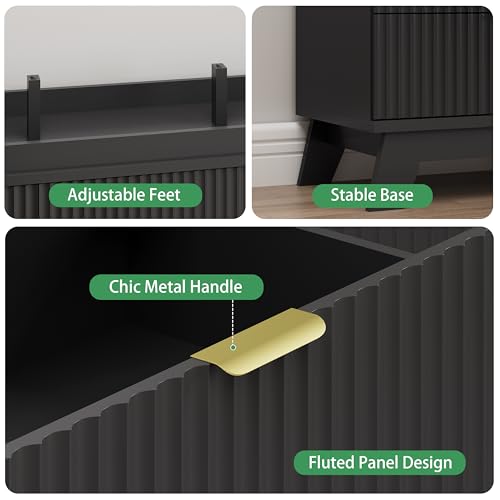 Image of Xixini Fluted Dresser for Bedroom with 9 Drawers, 57 inch Wide Chest of Drawers with Metal Handle, Modern Wood Dresser TV Stand, Wooden Closet Clothes Storage Organizer for Living Room, Hallway, Black