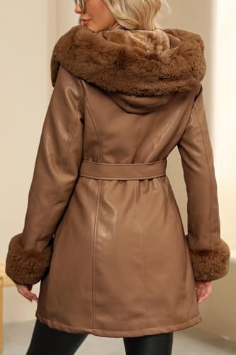 Bellivera Women Faux Leather Winter Trendy Puffer Jacket Water-resistant Thicken Bubble Coat with Fur Collar and Belt4