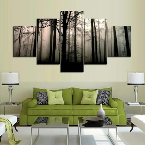 Cadre decoration murale salon lever de soleil foret toile decoration maison 5 parties