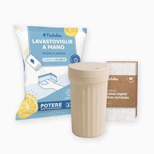 Natulim Pack Lavastoviglie a mano - Efficace nell'eliminazione di grasso e residui di cibo - Contiene dispenser riutilizzabile, 2 spugne e bustina di detersivo in polvere per lavastoviglie da 250 g.