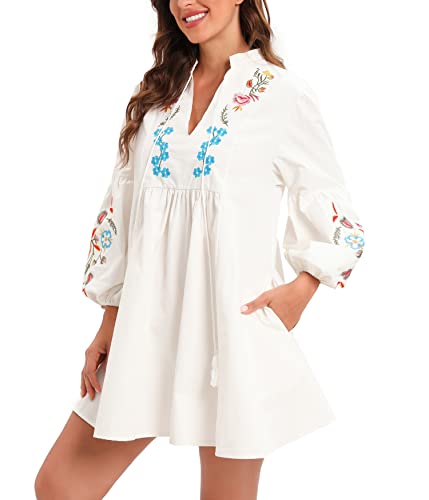 Roiii Women Maxi Vintage Embroidered Cotton Spring Shift Mini Dress Long Sleeve Casual Tunic Tops Blouse White