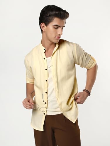 Image of Urbano Fashion Men's Linen Blend Full Sleeve Relaxed Fit Mandarin Collar Casual Solid Shirt