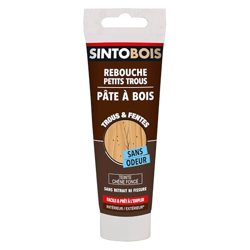 SINTOBOIS - Rebouche Petits Trous - Pâtes à Bois Sans Odeur - Prêt à l'Emploi - Sans Solvant - Sec en 4h - Intérieur et Extérieur - Ne se Rétracte pas - Chêne Foncé - Technique Professionnelle - 80 g