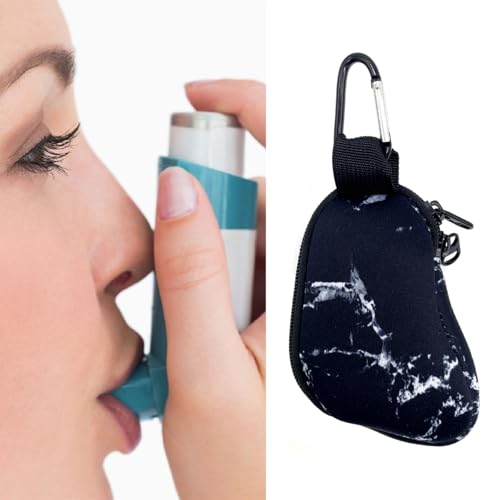 Image of Wanty Asthma Inhaler Holder Neoprene Protective Portable Carrying Bag Travel Inhaler Mini Case Sleeve for L-Shaped Inhaler, Inhaler Not Included (Marble Black), 5'' x 3''