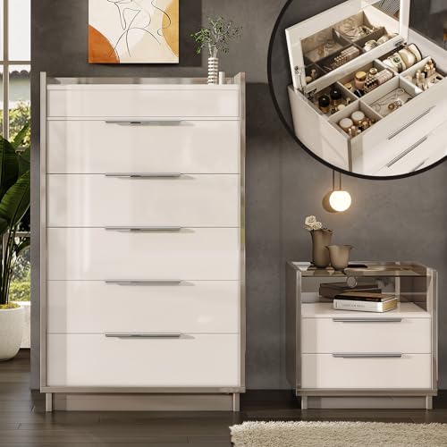 Image of AMERLIFE 5-Drawer Chest with Glass Tabletop, Storage Dresser Organizer with Inside Mirror & Lift Top Dresser for Bedroom, Cream&Grey