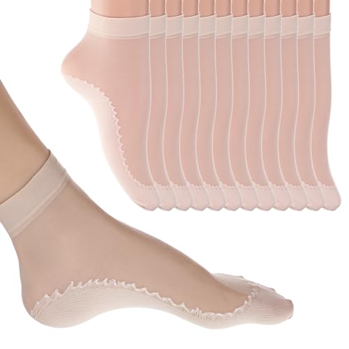 12 Pairs Summer Breathable Nylon Sock Nude Ankle Socks Nylon Socks Sheer Ankle Sock Reinforced Bottom and Toe Thin Ankles Stockings for Women