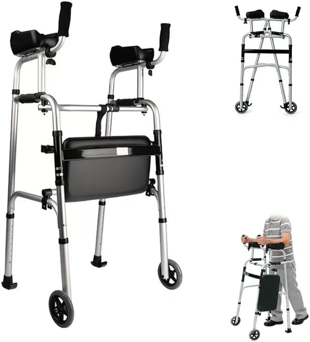 Walking Frame with 5" Wheels, 3 in 1 Folding Walker with Removable Arm Support & Foldable Seat, 8 Gears Height Adjustable 100-116CM, Aluminum Upright Mobility Aid for Seniors Elderly Disabled