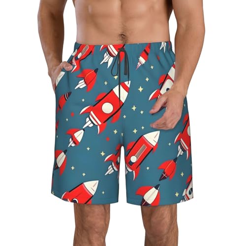 Cartoon Rockets Print Stylish Beach Shorts Swim Trunks Lightweight Breathable Summer Outdoor Activities